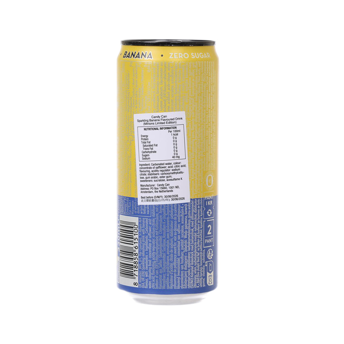 CANDY CAN Minions sparkling banana zero sugar drink can, back