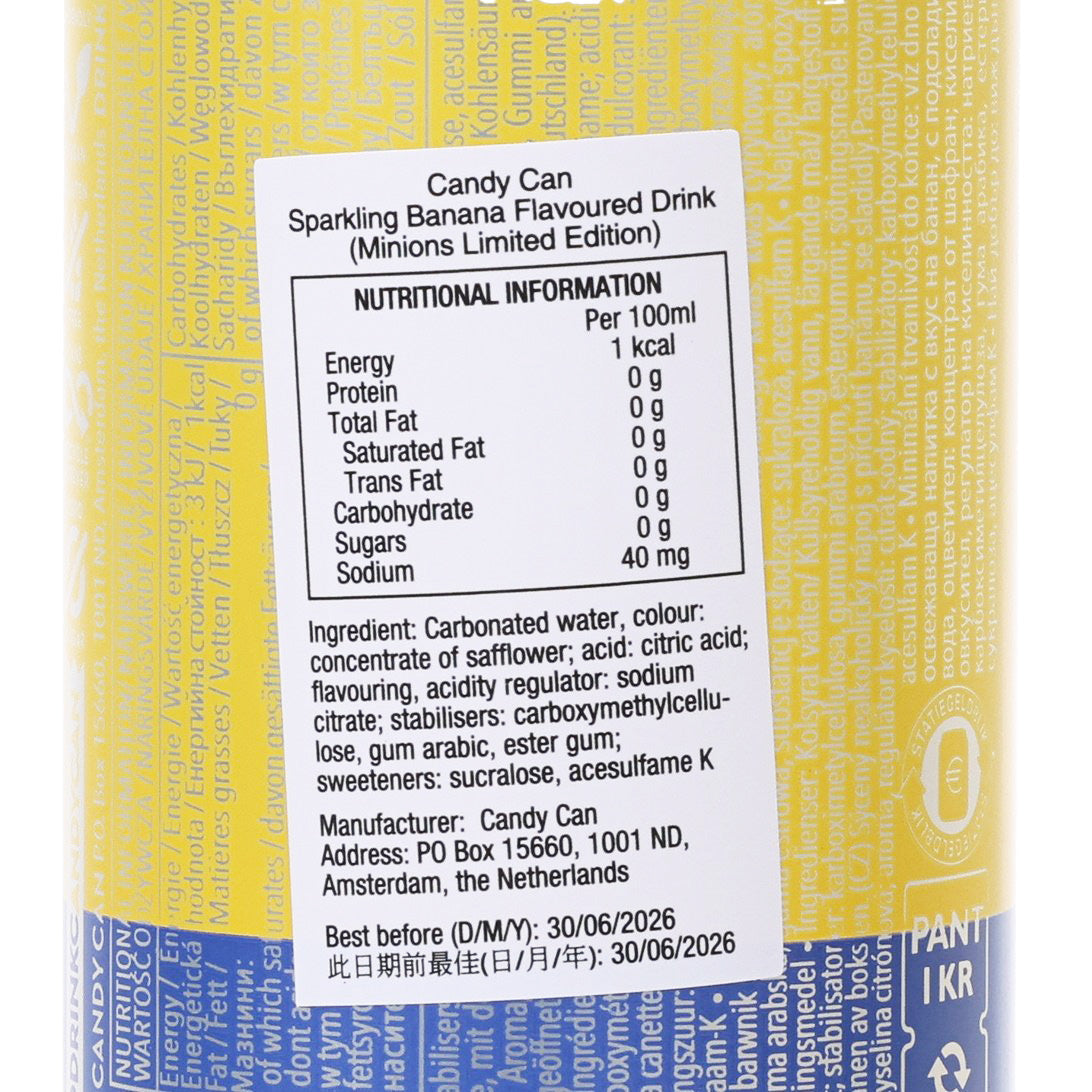 CANDY CAN sparkling banana drink can nutrition panel