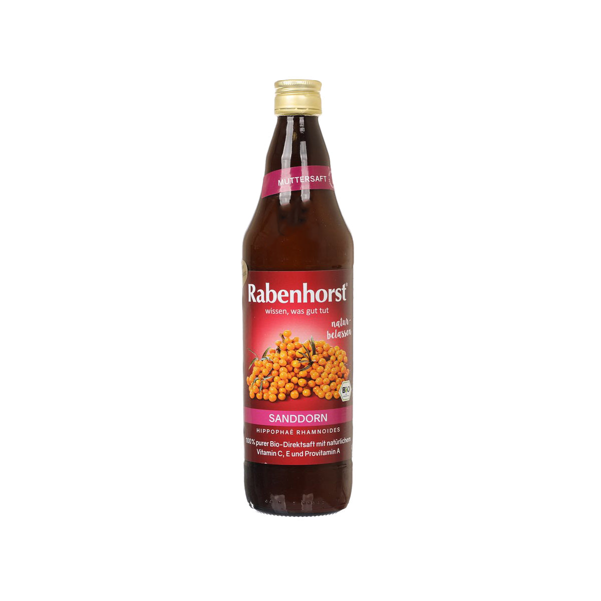 Rabenhorst organic sea buckthorn pure juice bottle, 750 mL, front label view