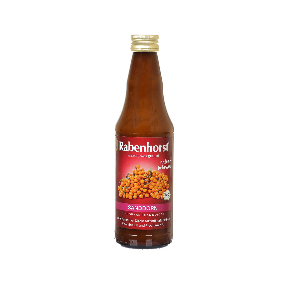 Rabenhorst organic sea buckthorn juice bottle, amber drink with gold cap, 330 mL