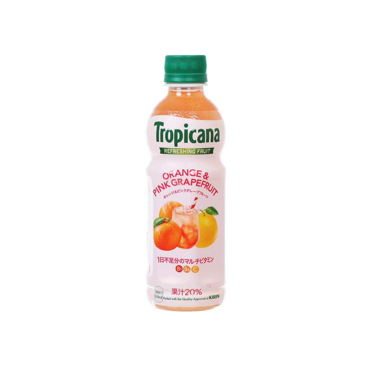 Tropicana orange & pink grapefruit juice drink PET bottle with green cap, front label