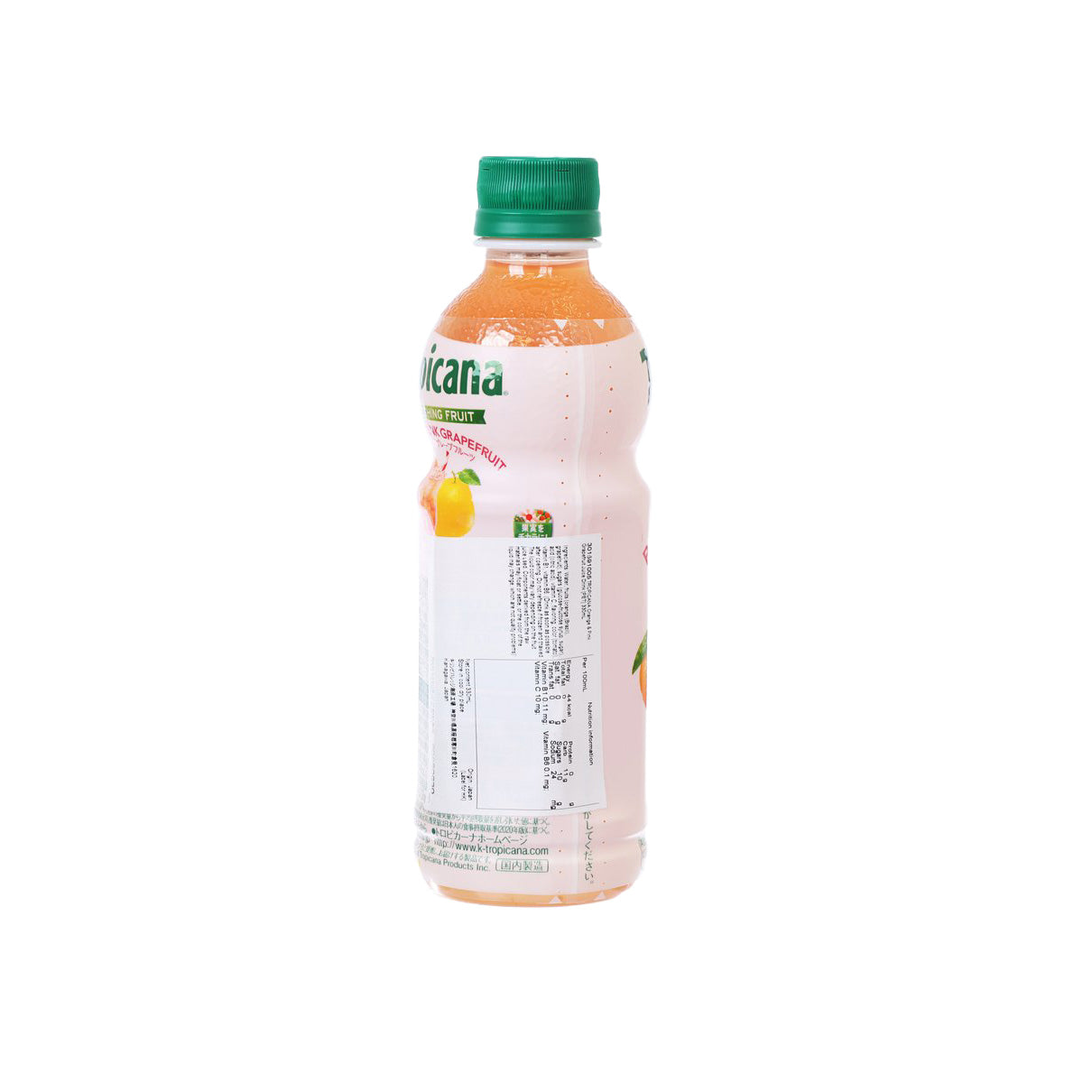 Tropicana orange & pink grapefruit juice drink PET bottle with green cap, back label