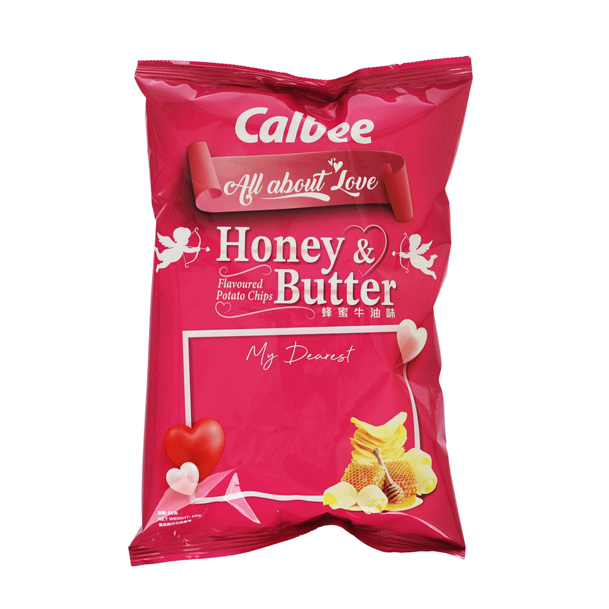 CALBEE Honey & Butter potato chip bag, red front with heart and chip graphics