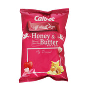 CALBEE Honey & Butter potato chip bag, red front with heart and chip graphics