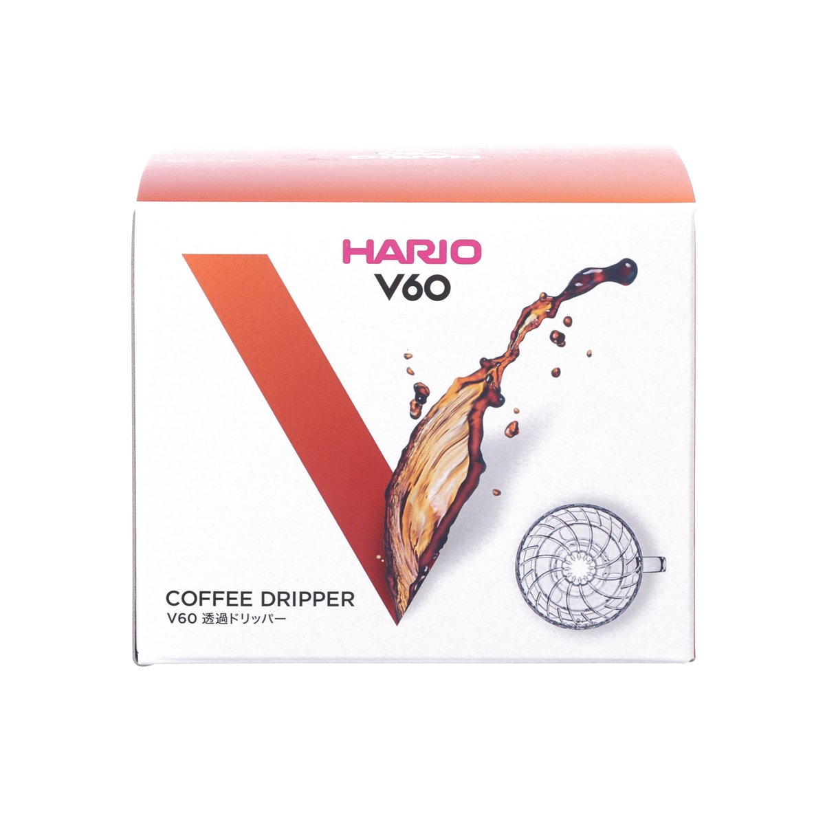 HARIO V60-01 coffee dripper packaging box, white and orange with cup size 01