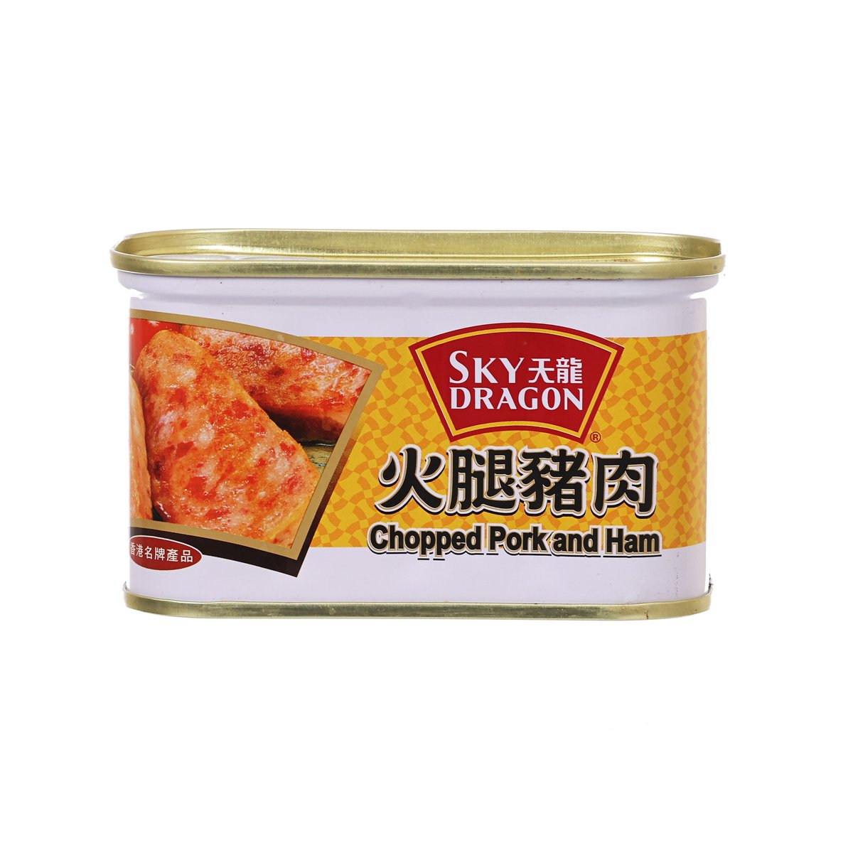 SKYDRAGON chopped pork and ham canned food, round can with gold lid and front label