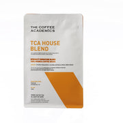 Coffee bean blend pouch, white with orange TCA HOUSE BLEND label