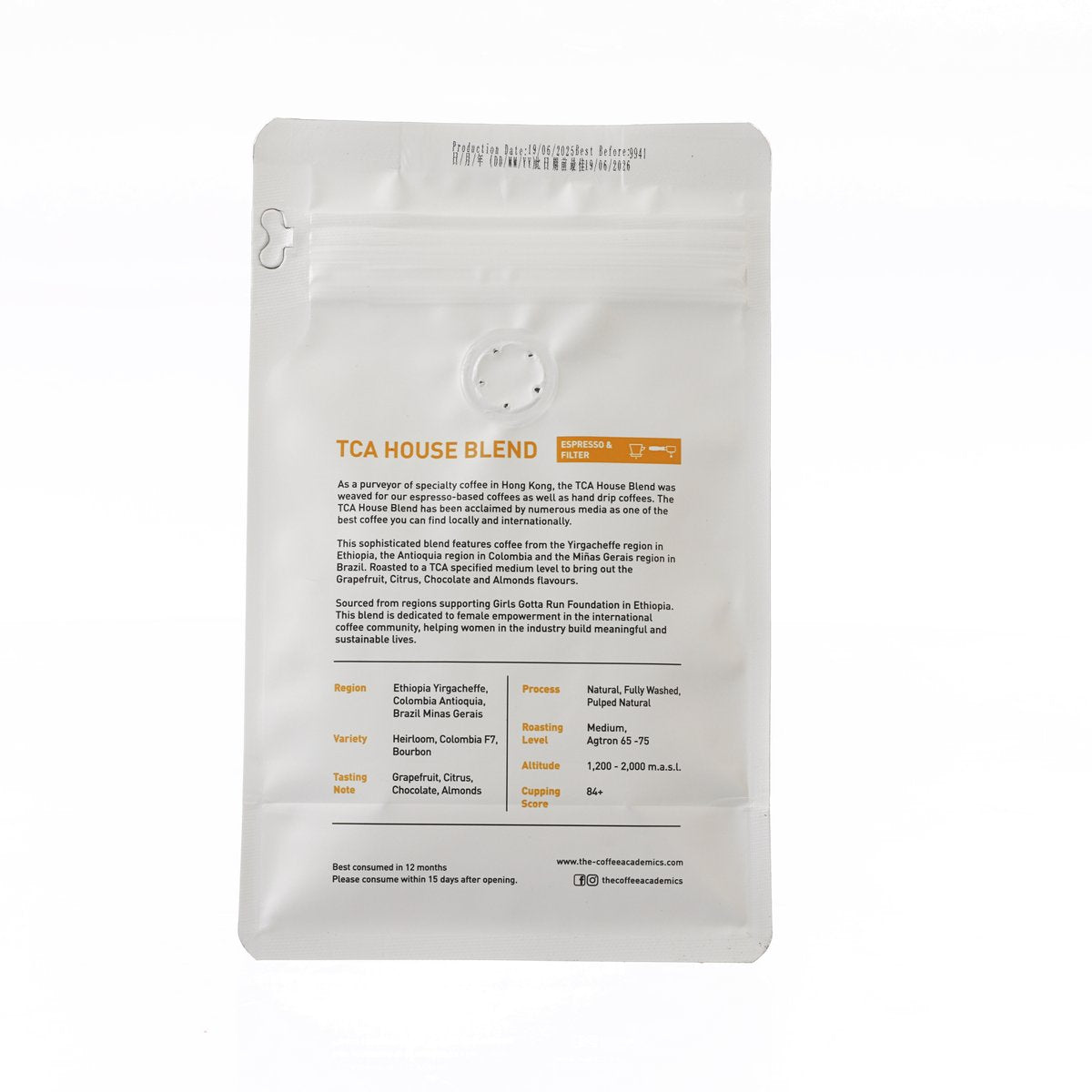 Coffee bean blend pouch, white back with TCA HOUSE BLEND information panel