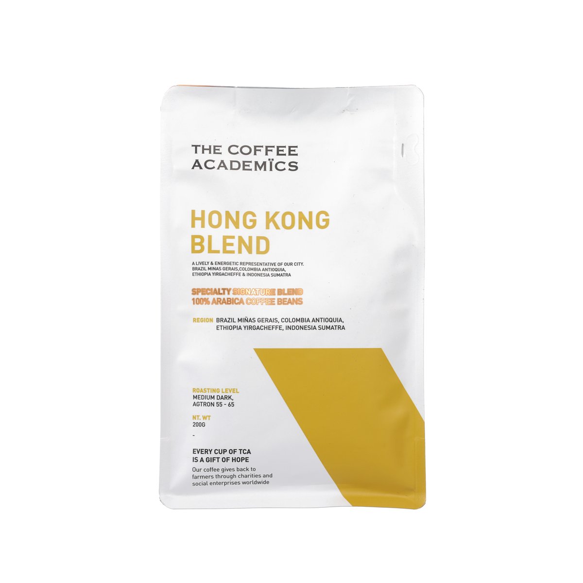 Coffee bean pouch, Hong Kong Blend, 200g, white bag with gold bottom corner