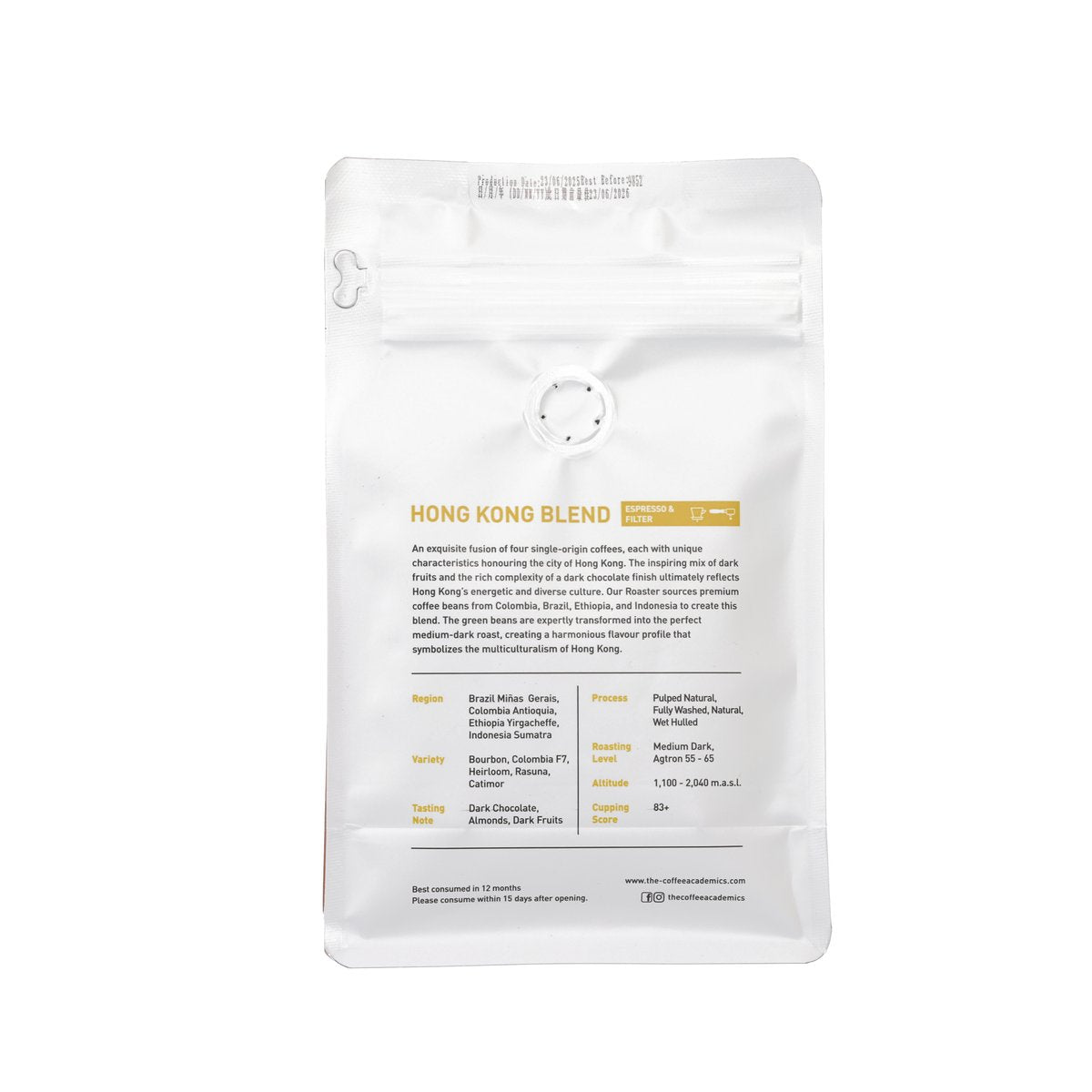 Coffee bean pouch back label with details and ingredient text for Hong Kong Blend