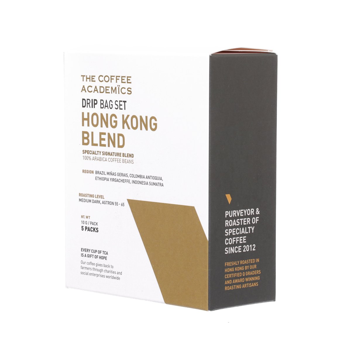 Coffee drip bag set box side with dark panel and gold text
