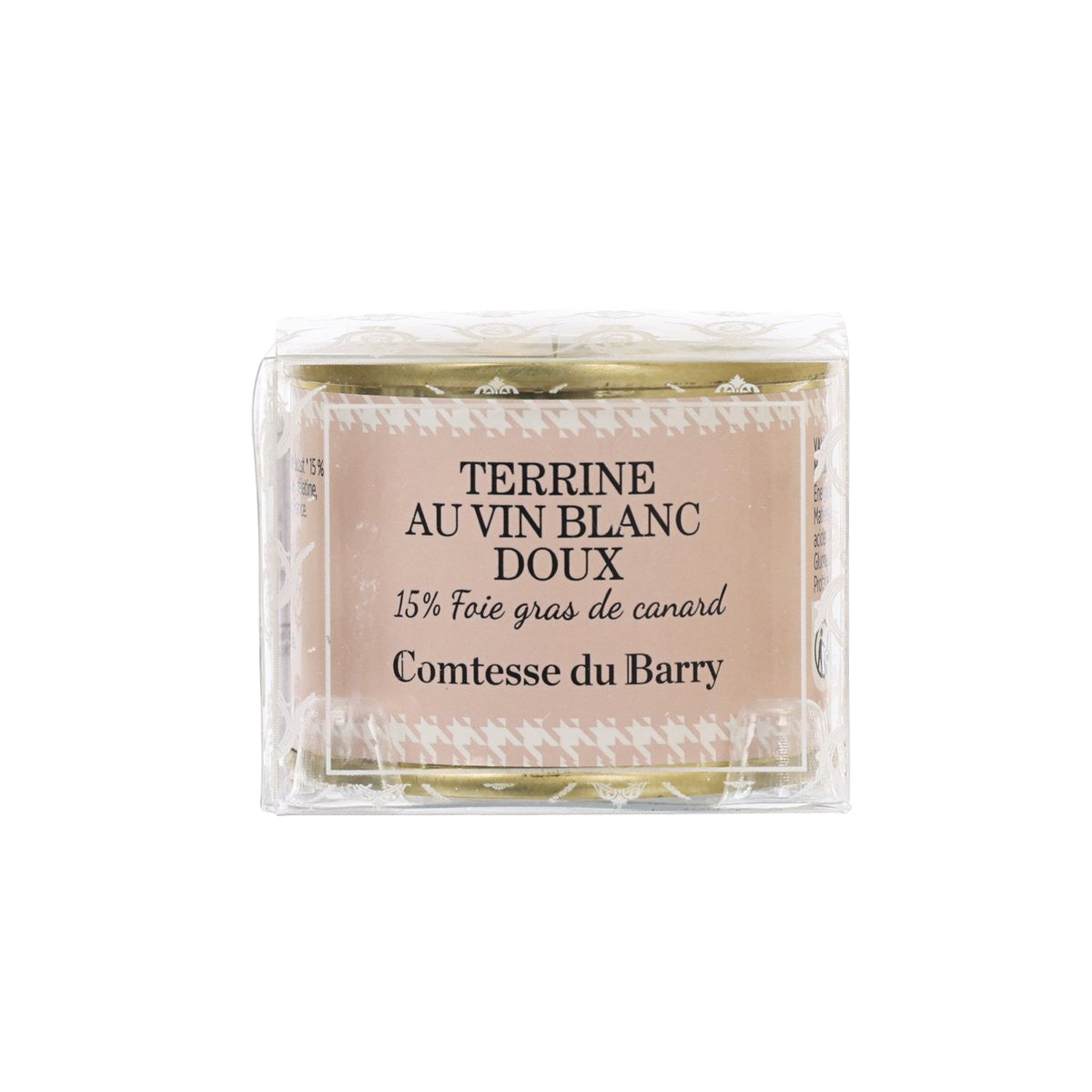 Sweet white wine terrine in clear plastic tray with paper label