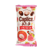 Strawberry chocolate snack pouch with pink/white front and illustrated Caplico bites