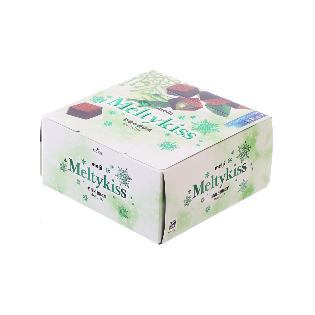 Matcha chocolate carton showing Meltykiss logo on side panels with green snowflake print