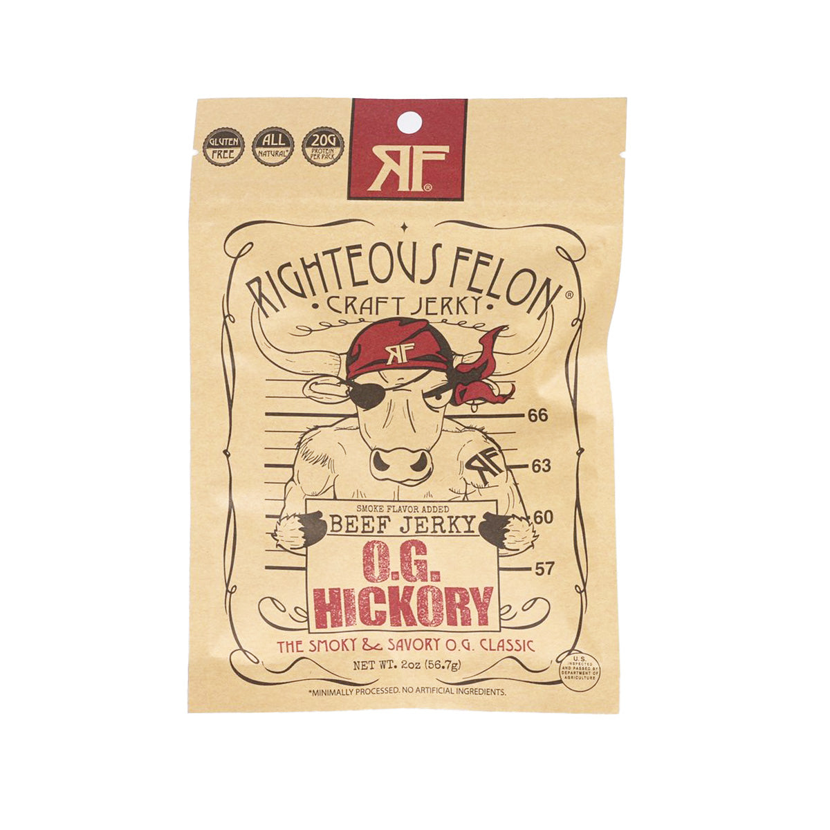 Hickory beef jerky pouch with RIGHTEOUS FELON O.G. front label