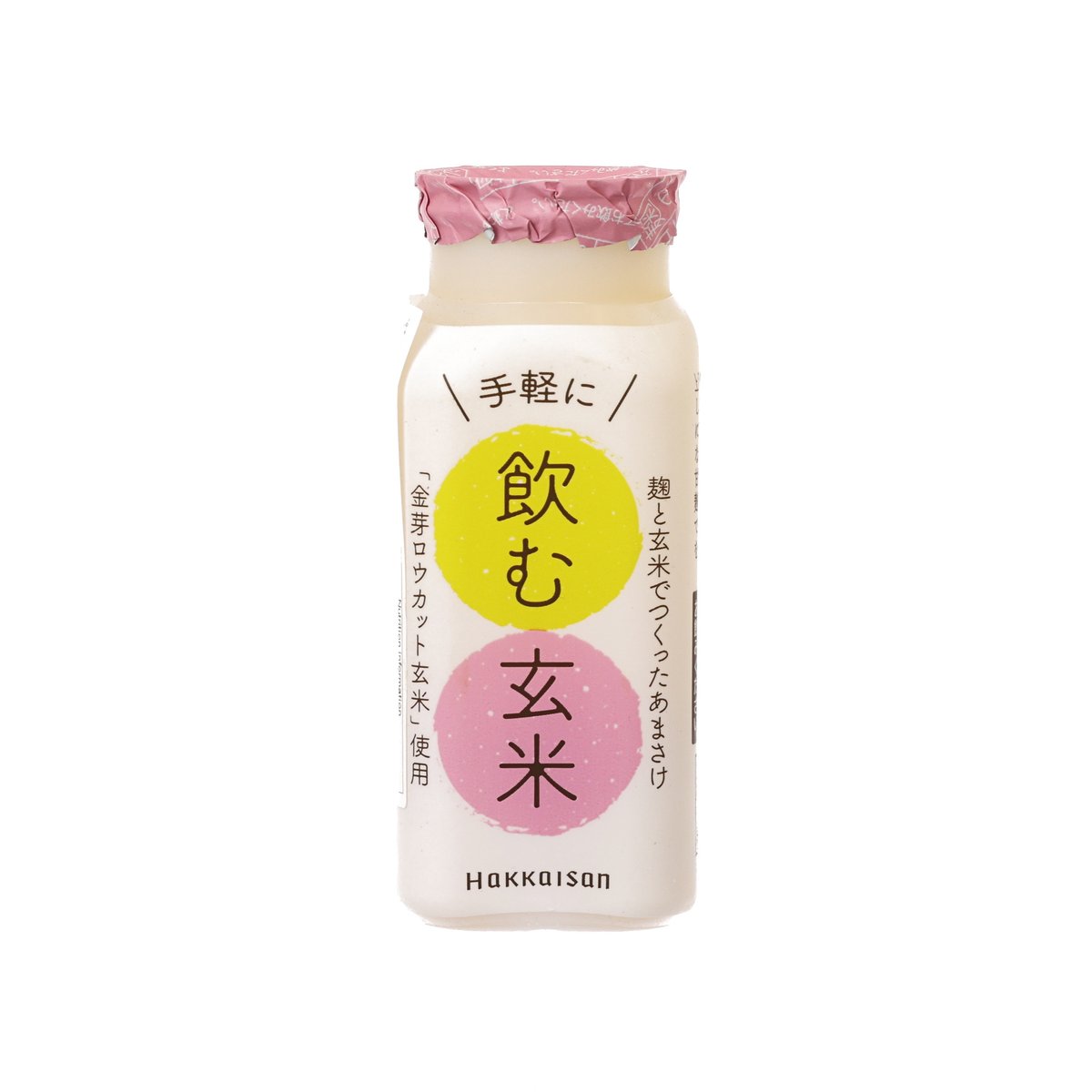 Pale beige amazake rice drink bottle with pink foil cap and front label