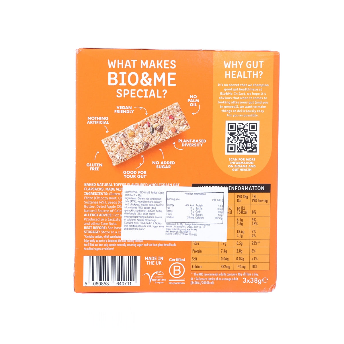 Bio & Me oat bar pack back with nutrition facts and barcode, 3 x 38g