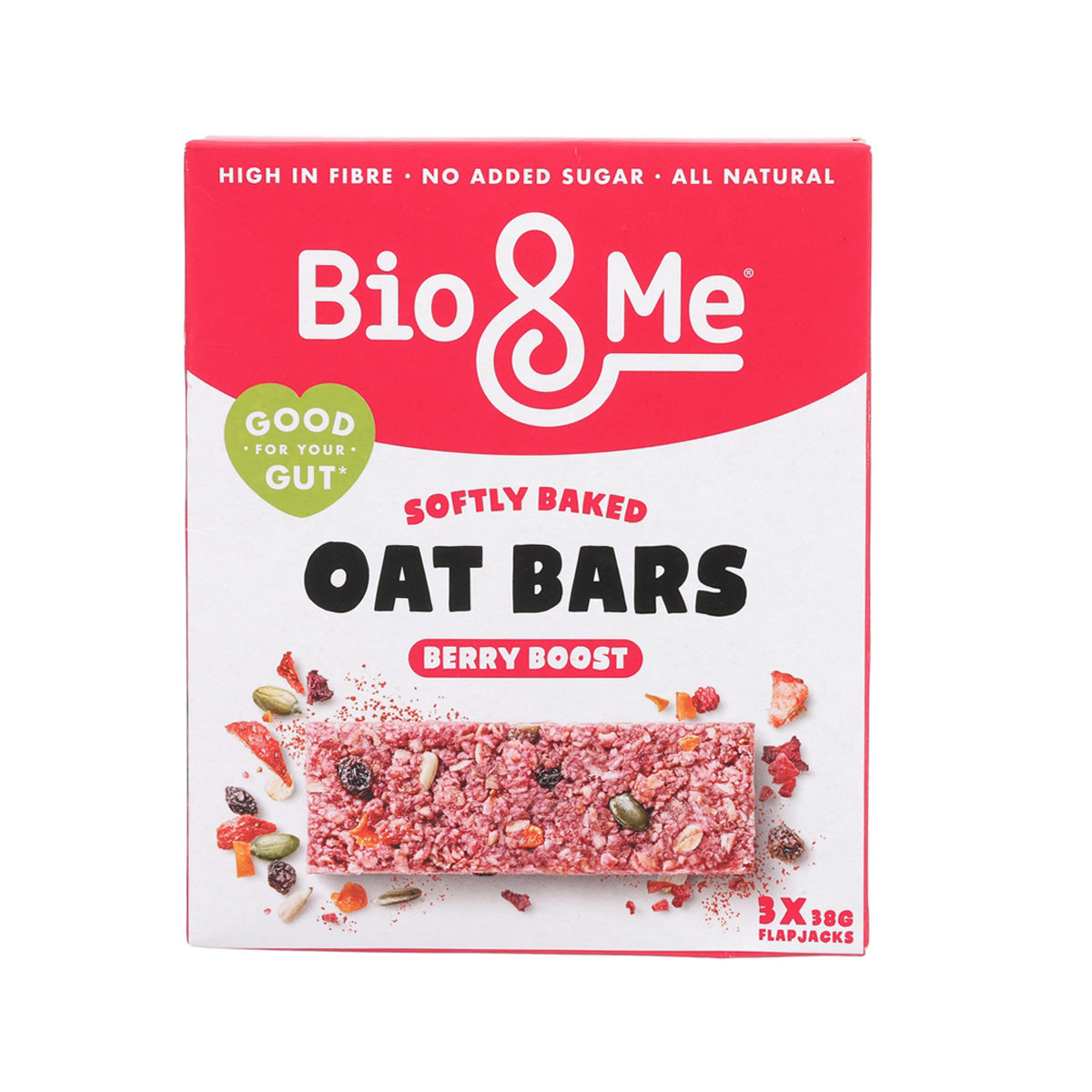 BIO & ME berry boost oat bars box, front panel with red branding and berry topping