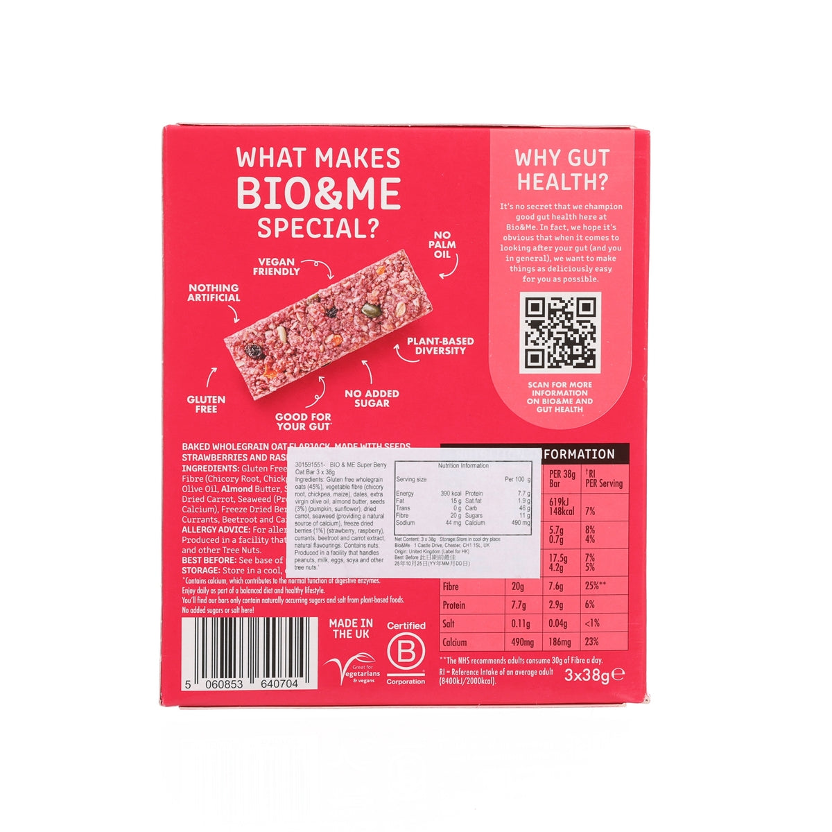 BIO & ME berry boost oat bar box, back panel with facts, nutrition chart, and barcode