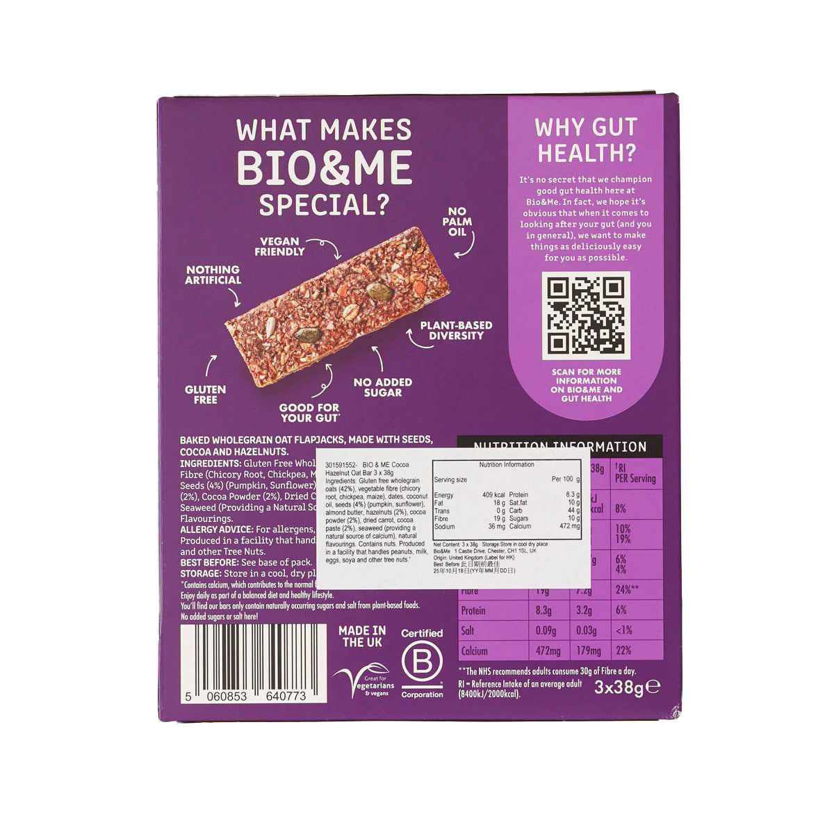 Cocoa hazelnut oat bars carton back with ingredients and barcode