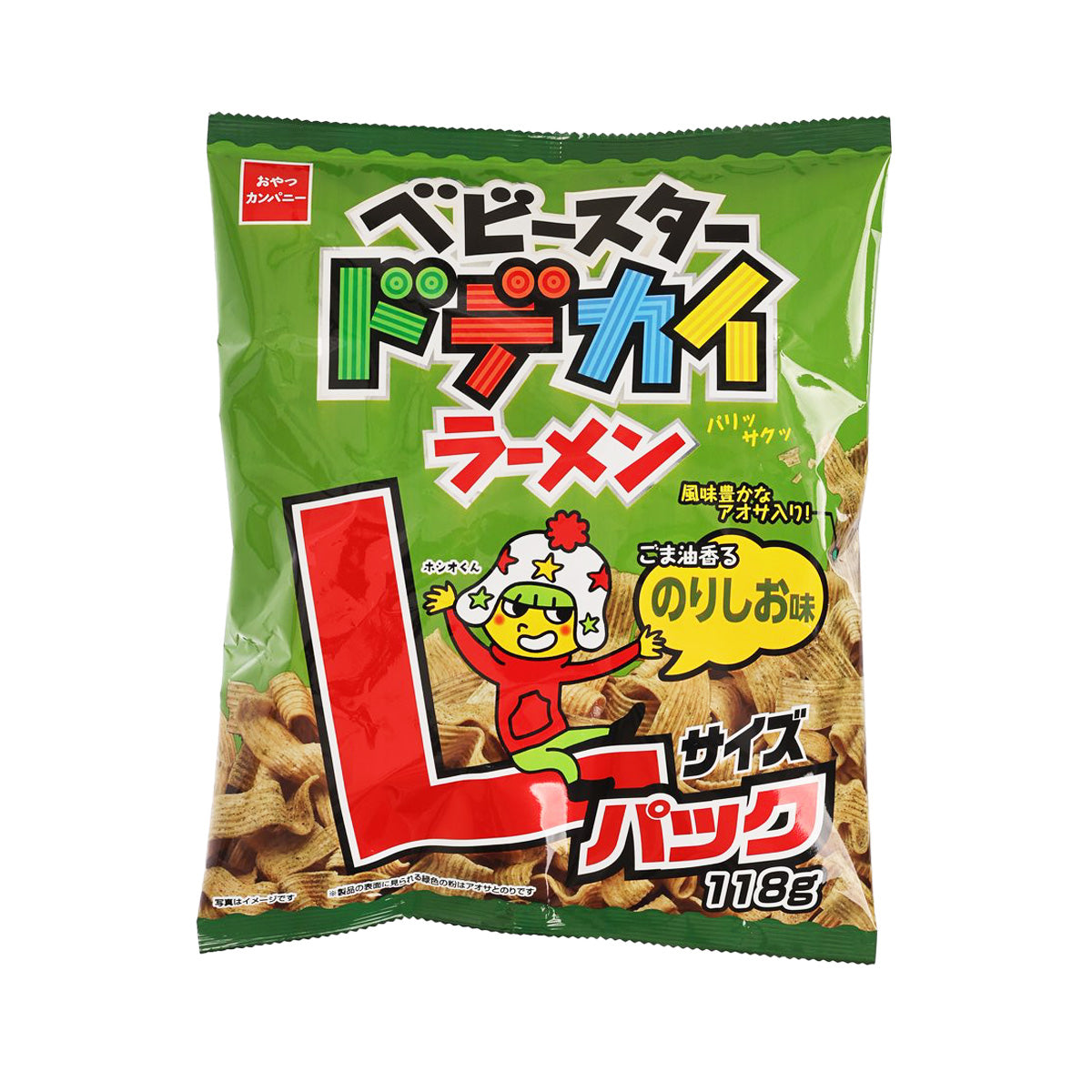 Green OYATSU ramen snack bag, seaweed salt flavor, front graphic, 118g