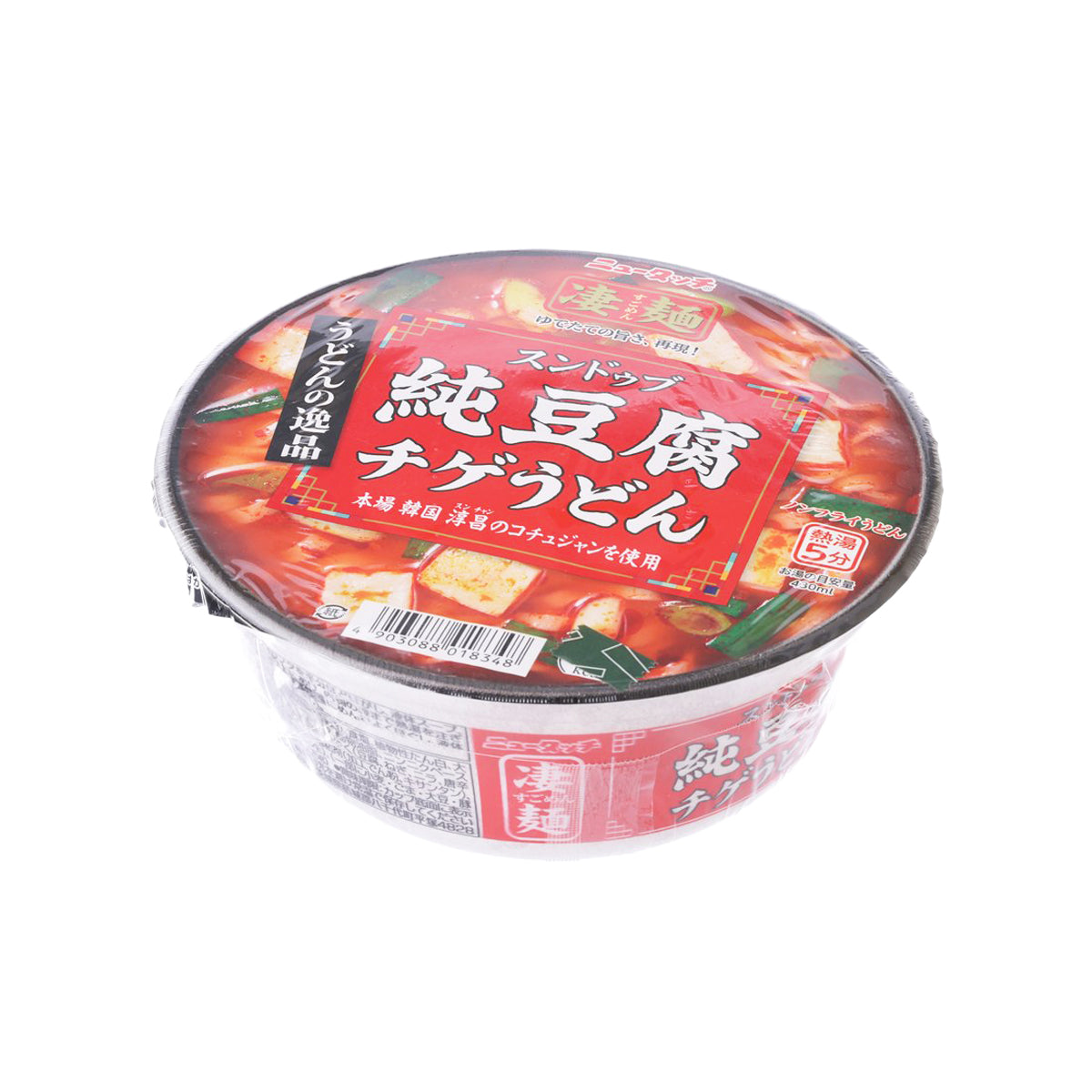 Spicy tofu soup udon instant noodle cup, red label with visible barcode