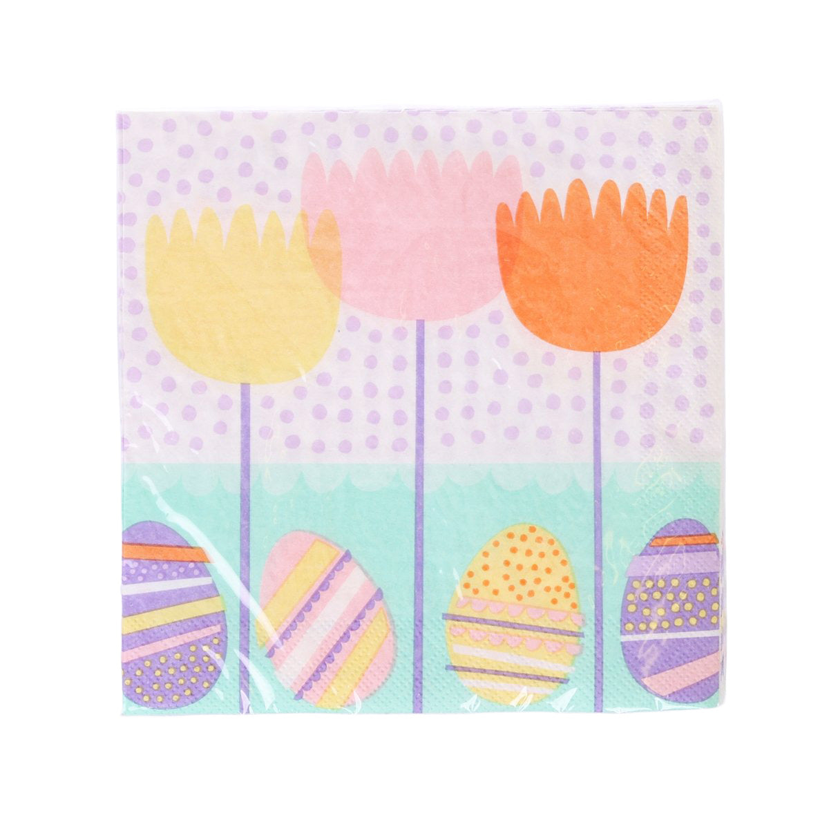 Modern Easter luncheon napkins, pastel egg and tulip pattern, purple dots, set of 16