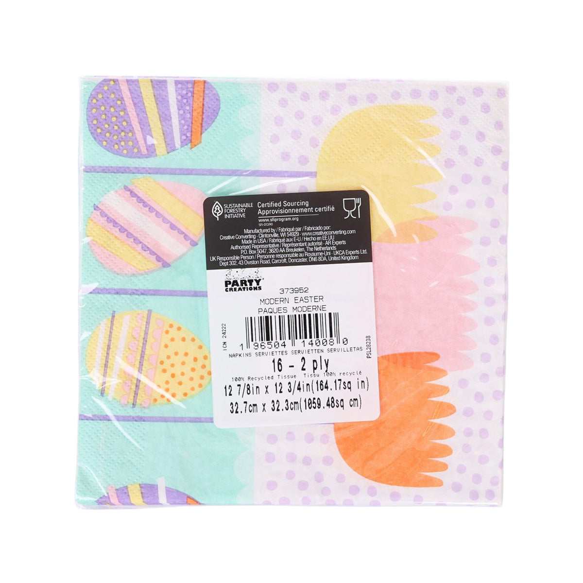 Pack of modern Easter luncheon napkins in wrapper, pastel egg and orange tulip prints