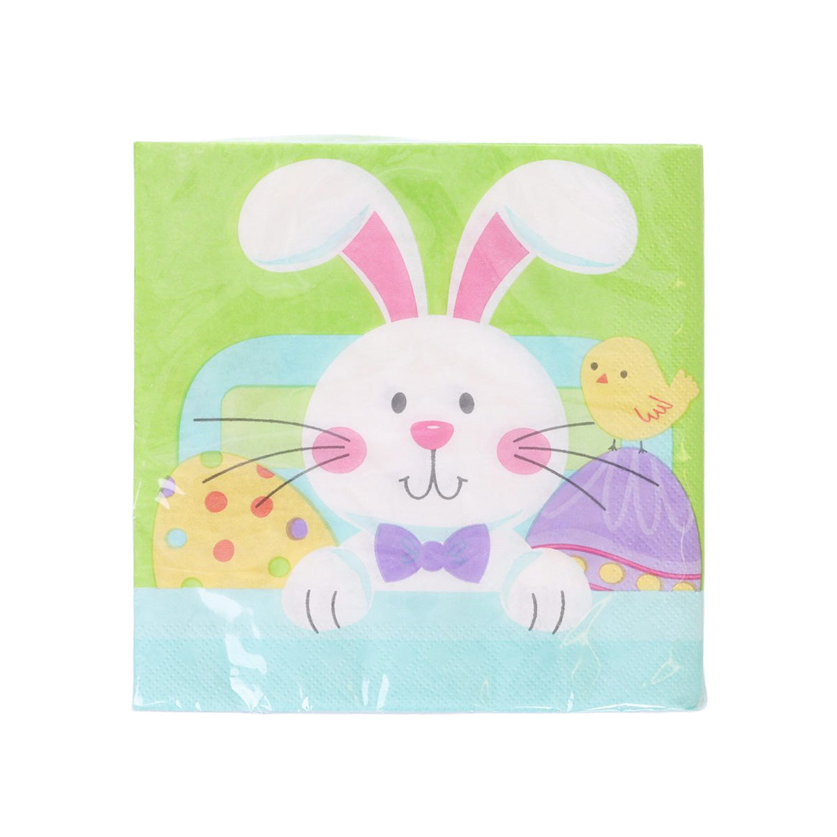 Easter luncheon napkin with smiling bunny and colorful easter eggs, 16-pack