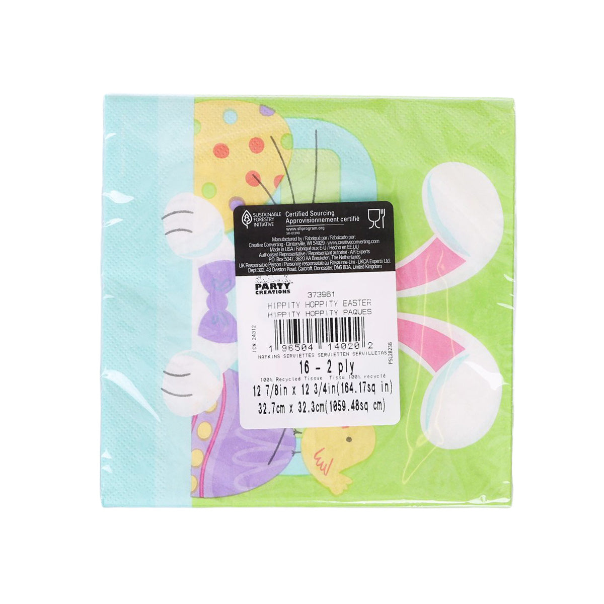Set of Easter luncheon napkins with bunny print and party info label on back