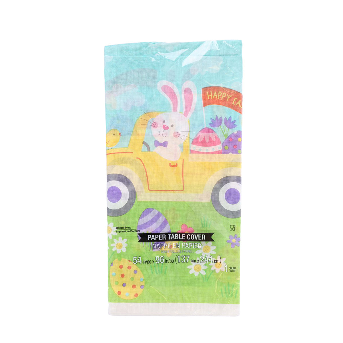 Easter paper tablecover with blue bunny, eggs, carrots and pastel vehicle print