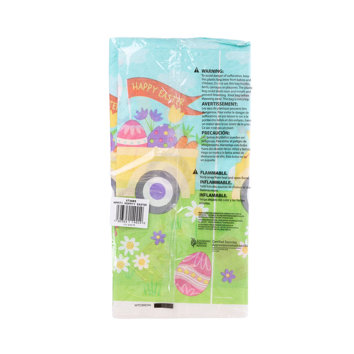 Easter paper tablecover back with pastel eggs, bunny, carrots and warning panel