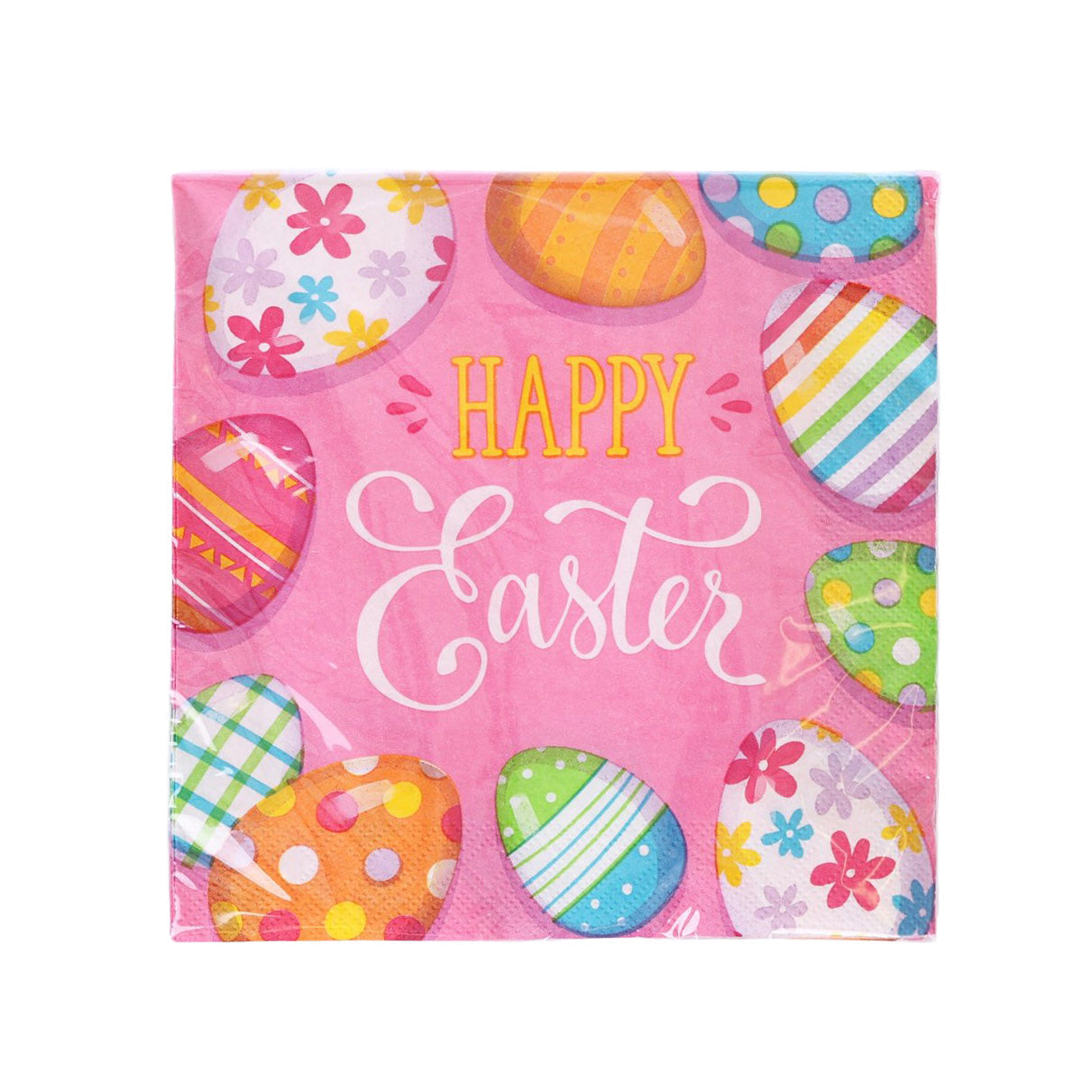 Easter luncheon napkin set, colorful egg pattern with Happy Easter text on pink