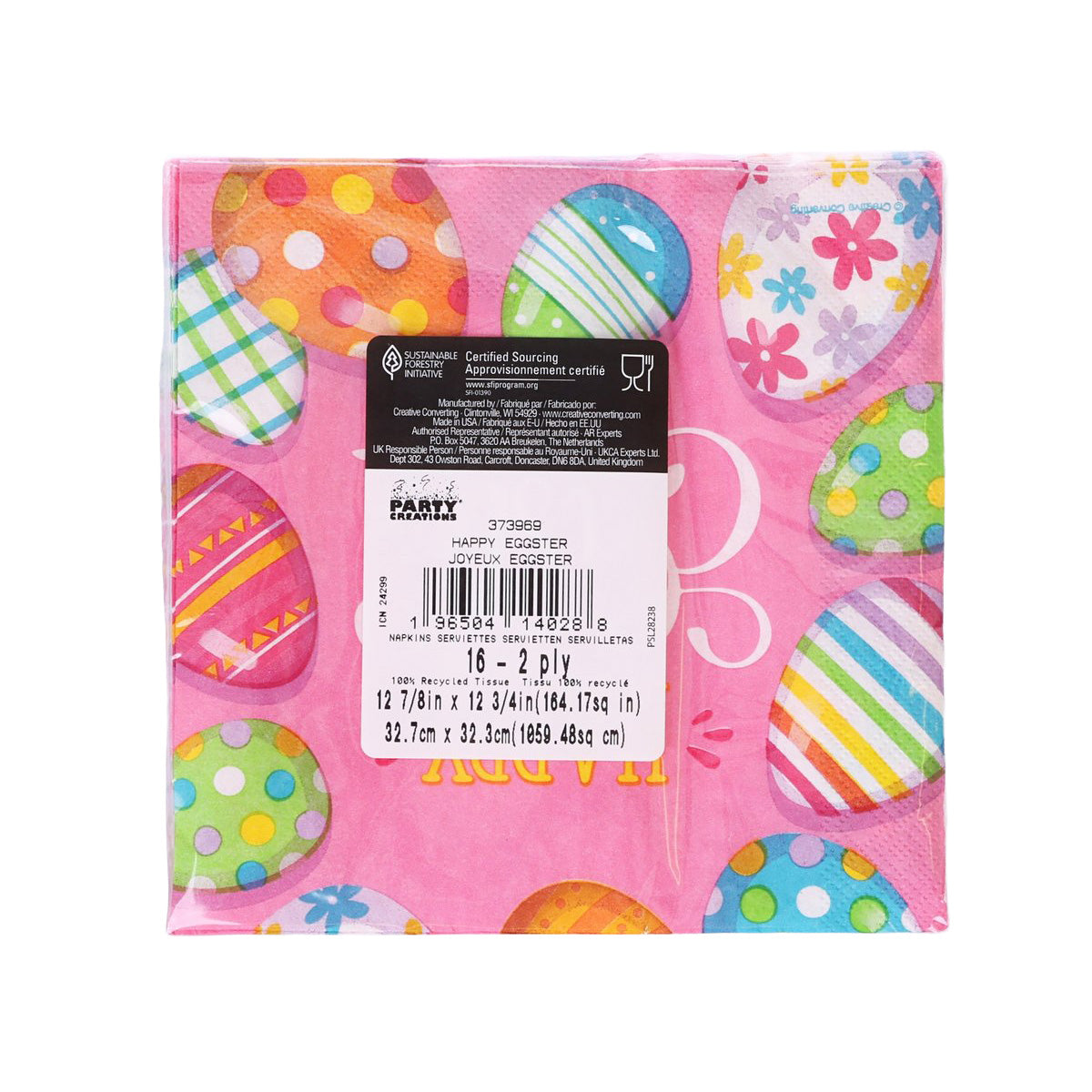 Easter luncheon napkin with party label and bar code on colorful egg-print pink