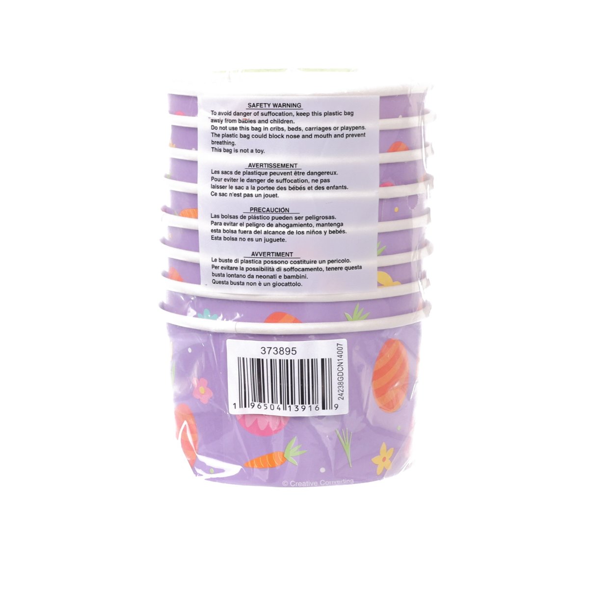 Easter paper table cover package back with safety warnings and barcode