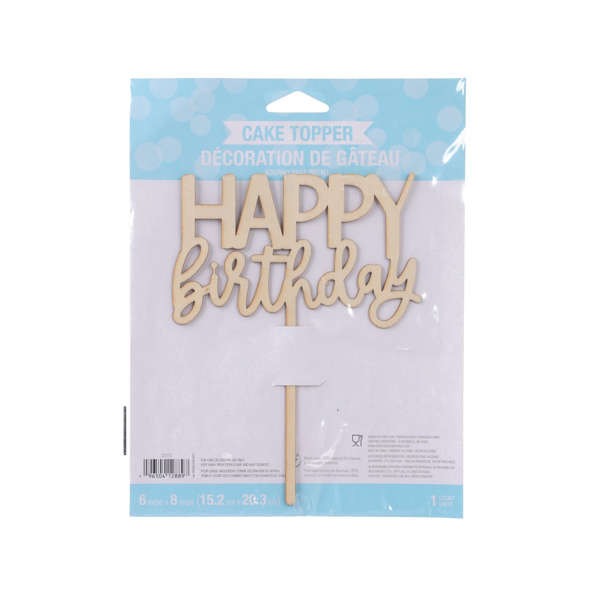Wooden cake topper reading "Happy Birthday" with layered script design