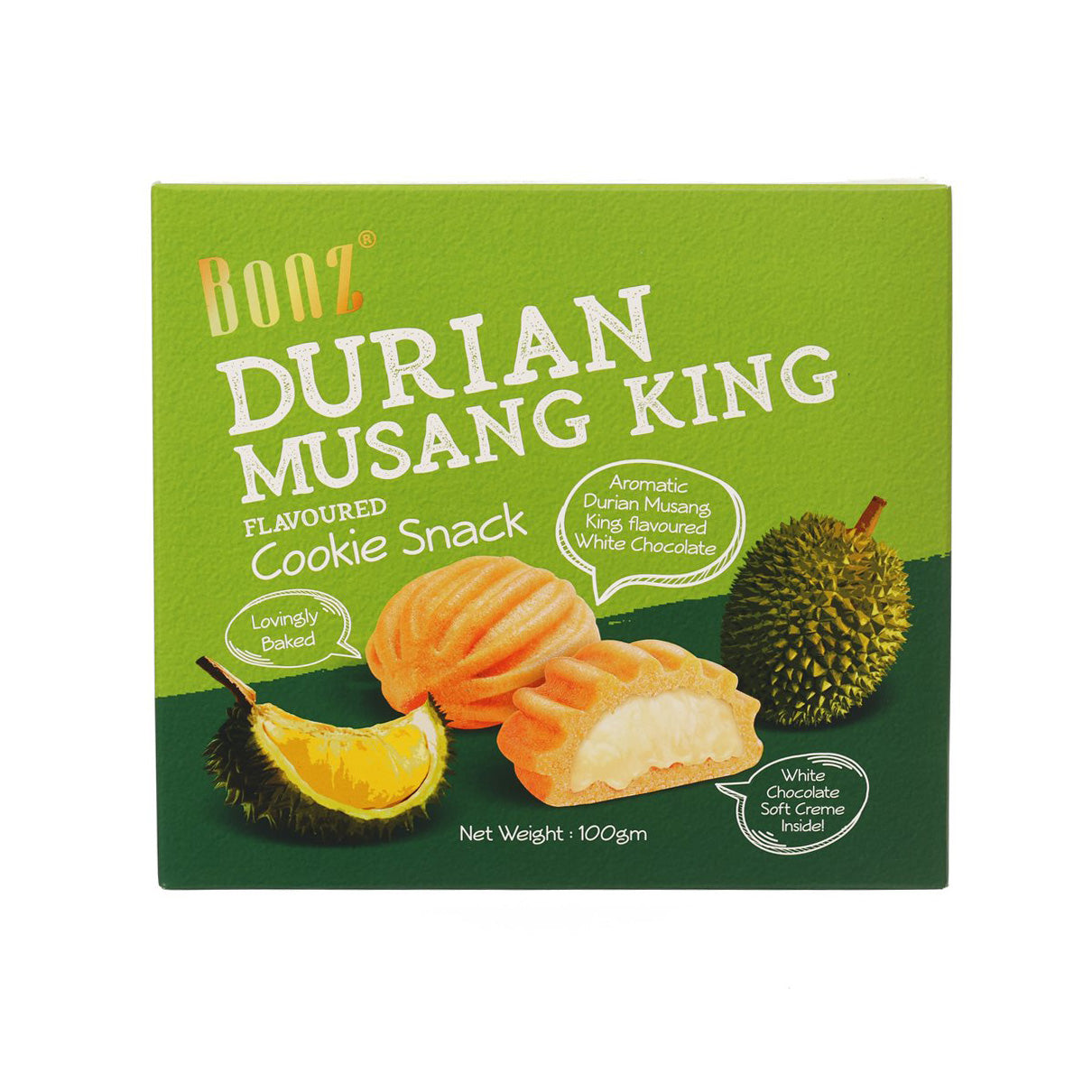 Durian Musang King flavored cookie snack box, front view, green packaging
