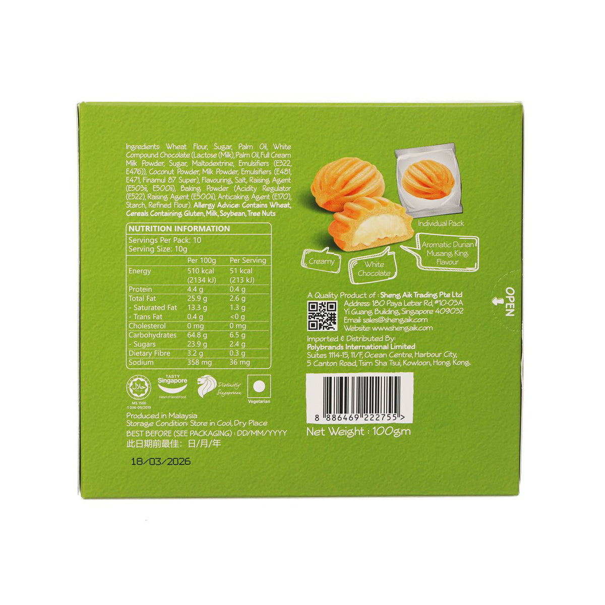 Durian Musang King cookie snack box, back view with product details and bar code