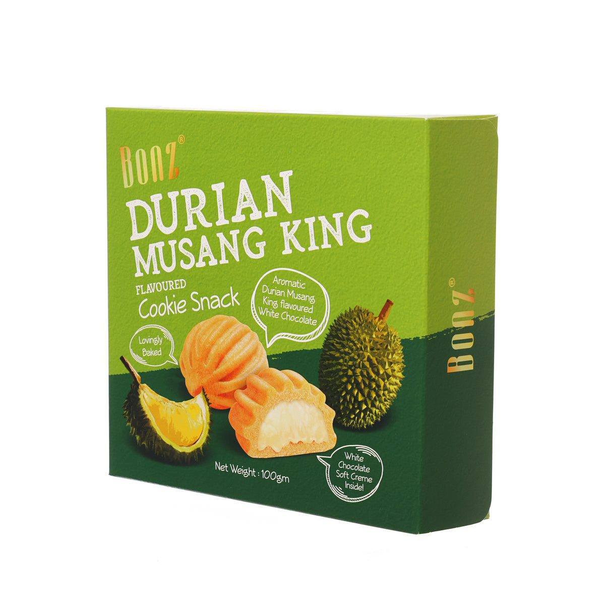 Durian Musang King flavored cookie snack box, angled view, green packaging