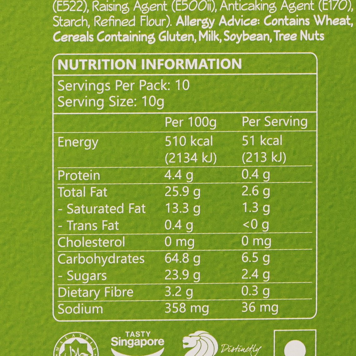 Nutrition information panel on Durian Musang King cookie snack box, servings per pack