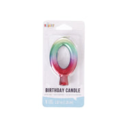 Rainbow metallic numeral 0 birthday candle on clear blister pack