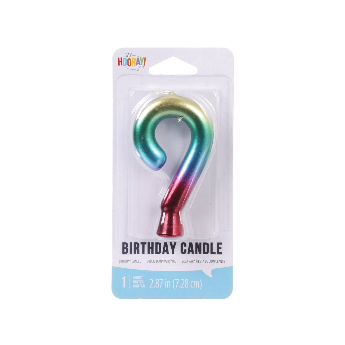Rainbow metallic numeral birthday candle in clear blister pack