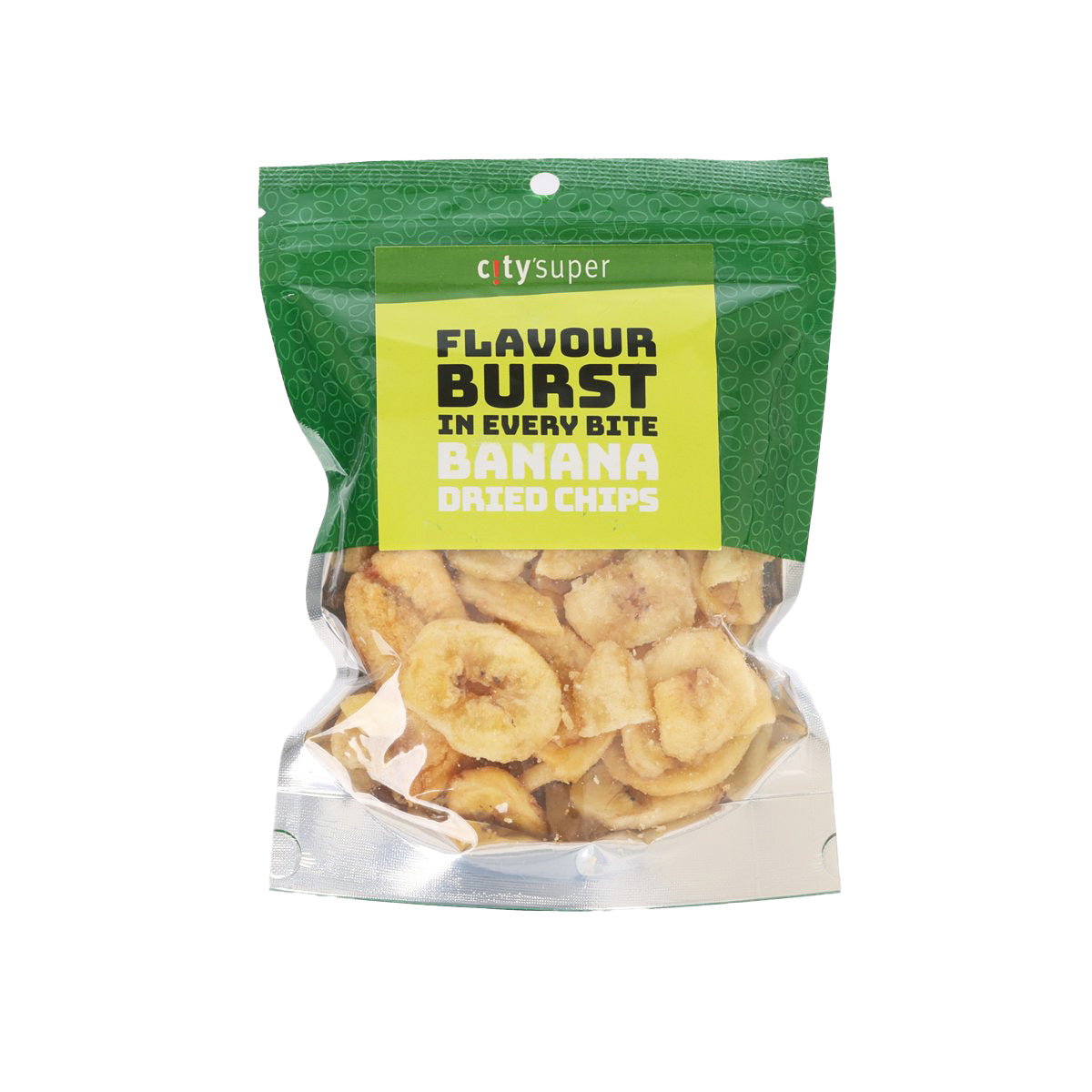 Dried banana chips in green sealed bag, visible chips pieces at front