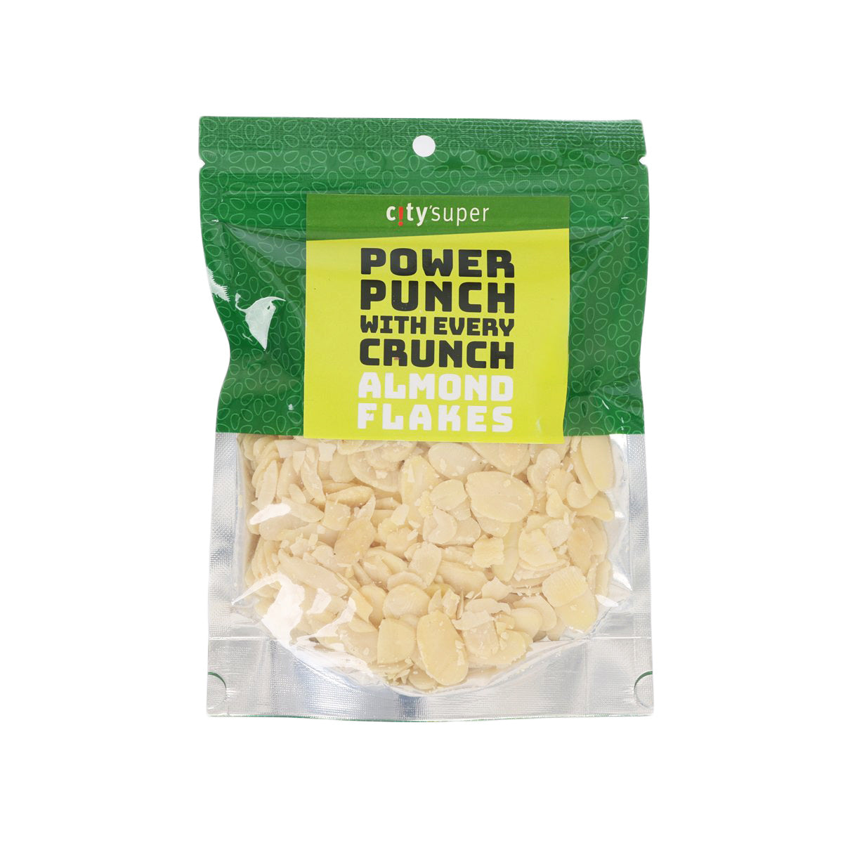 Almond flakes in sealed clear plastic bag inside green CITYSUPER pouch, 75 g