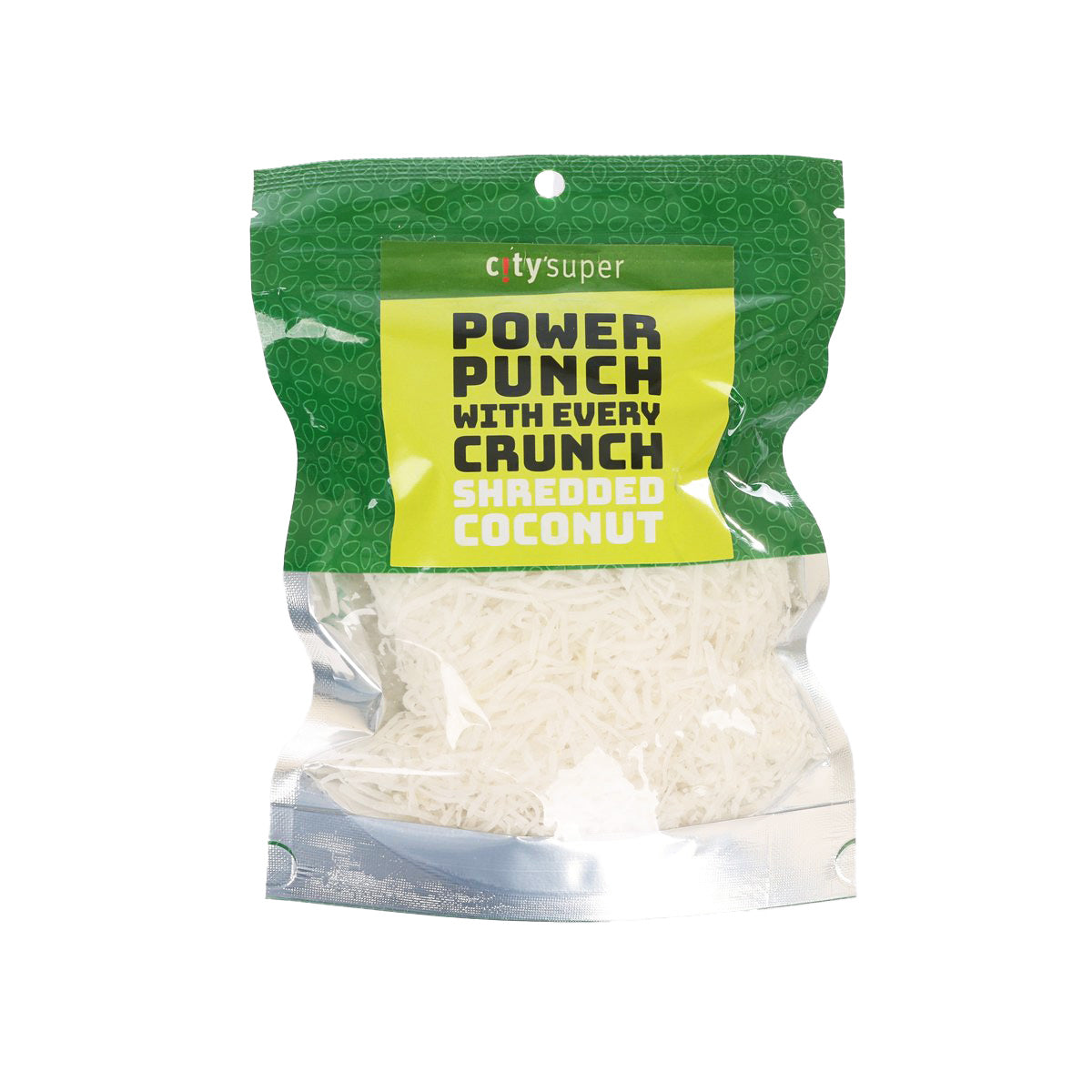 Shredded coconut pouch, green and silver, filled with white coconut, 60 g