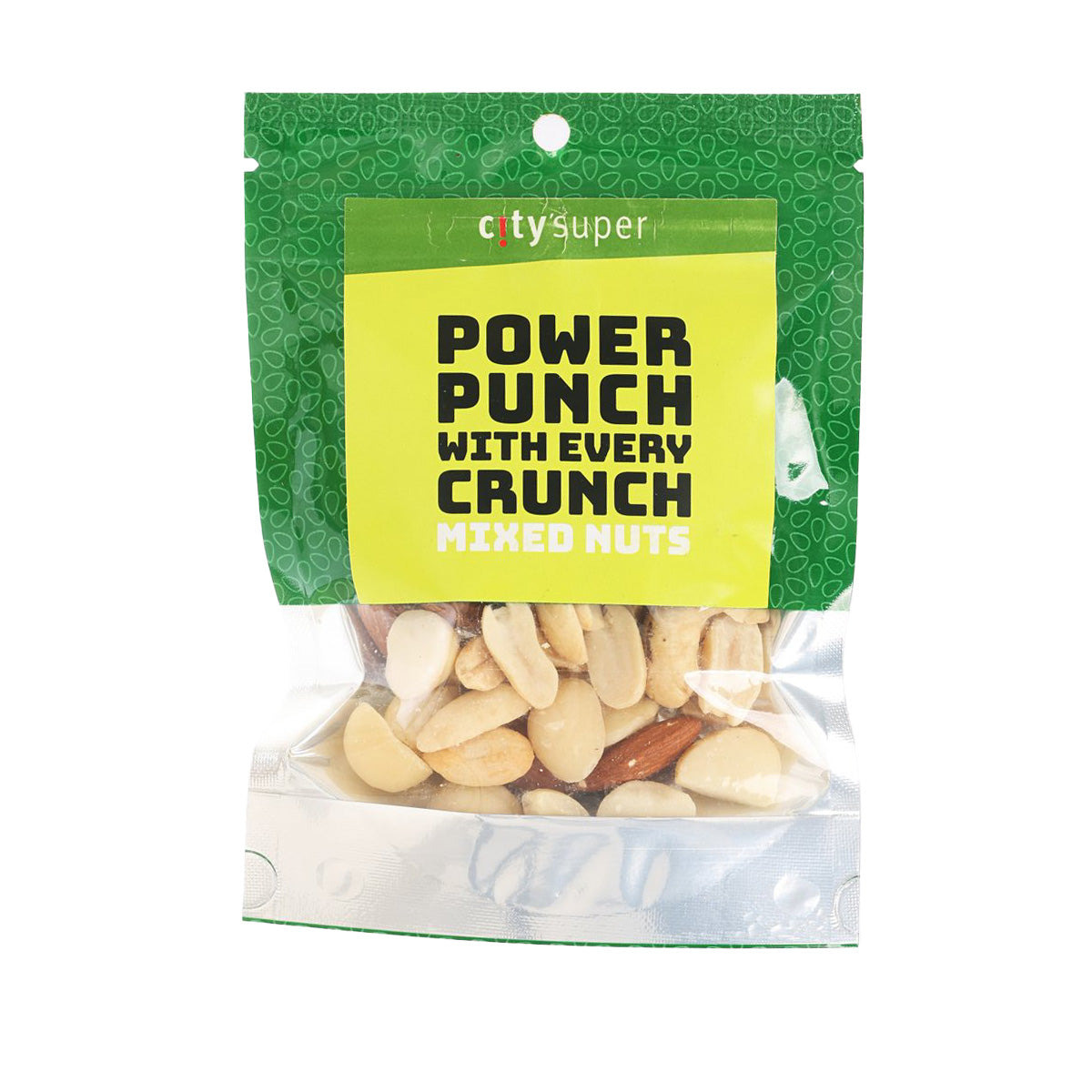 CITYSUPER mixed nuts snack bag, green pack with yellow label and cashews, almonds