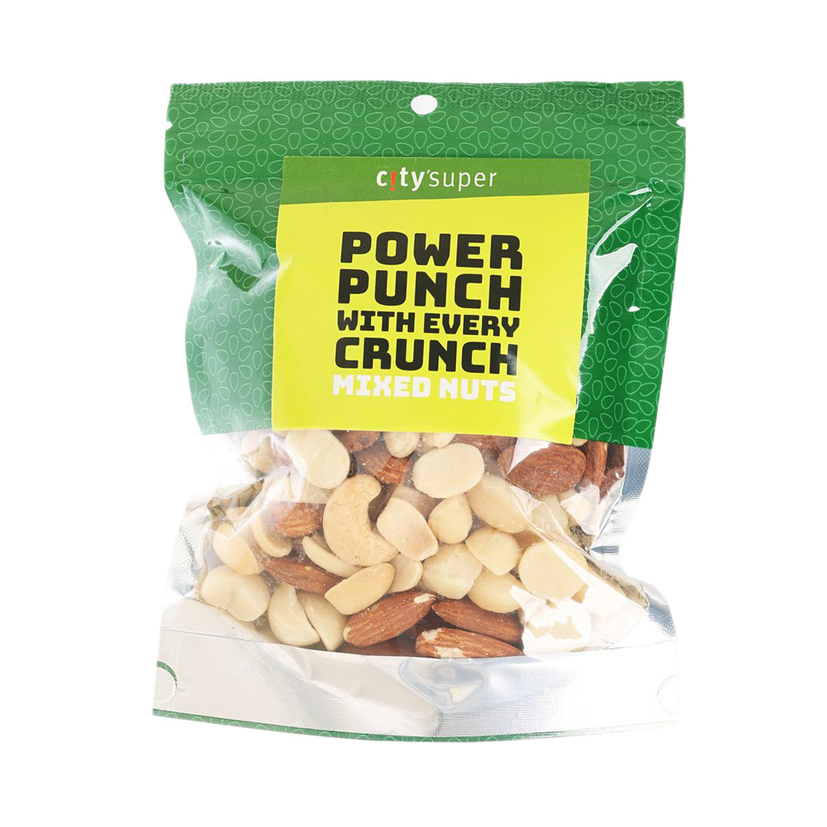 Mixed nuts snack bag with visible cashews, almonds, and peanuts