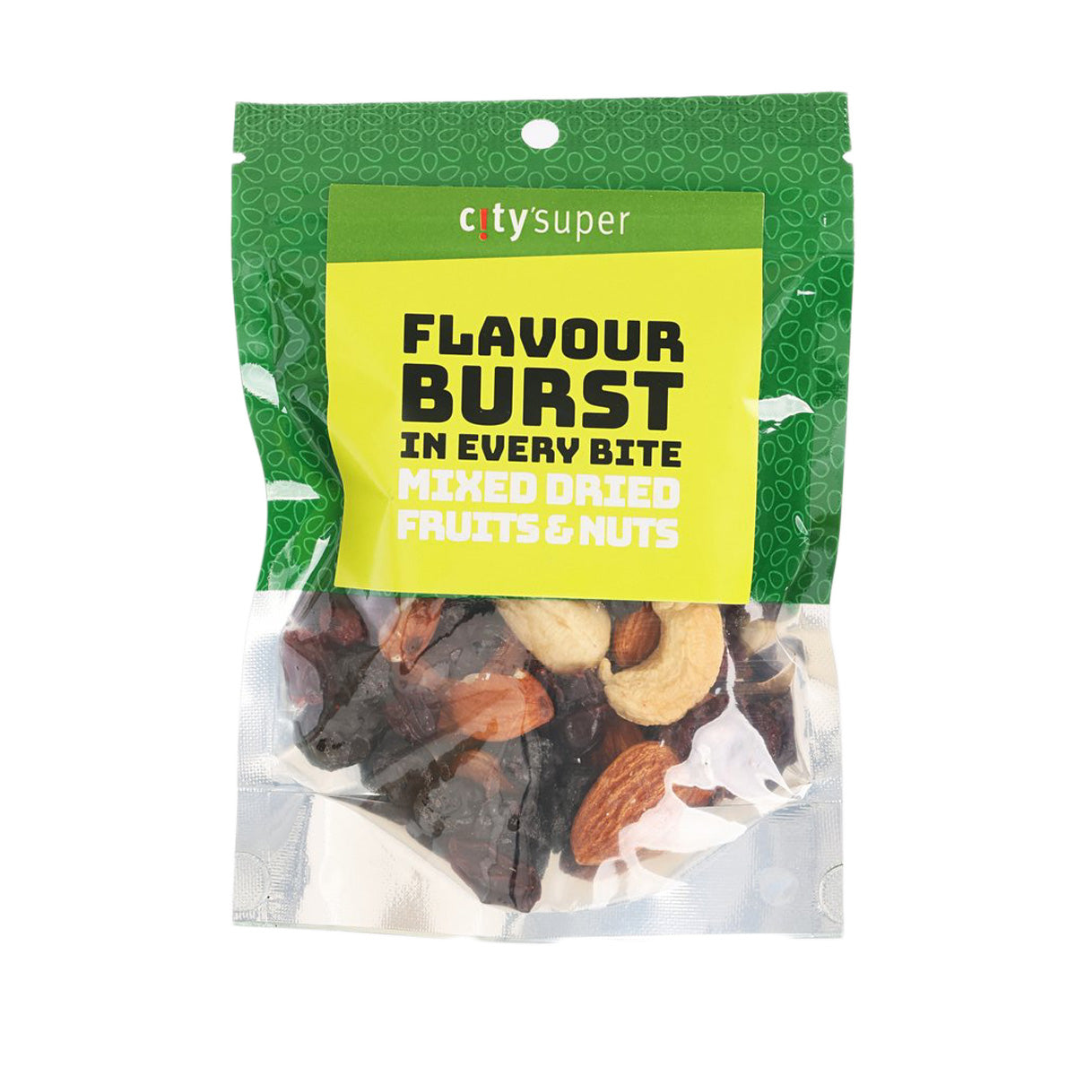 CITYSUPER mixed dried fruits and nuts pouch, green package with clear window