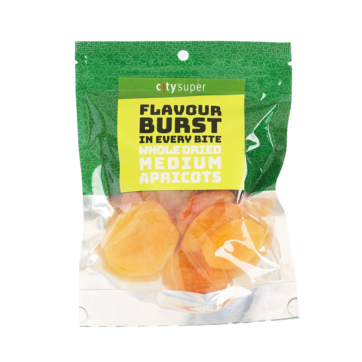 Whole dried medium apricots in plastic bag, 125g