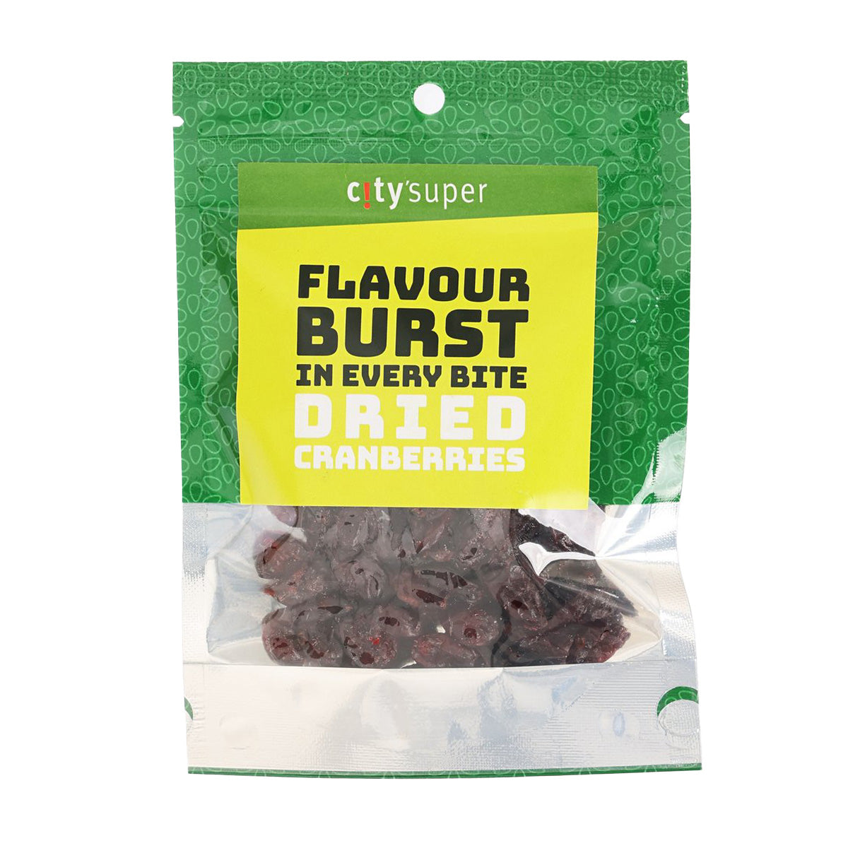 Dried cranberries pouch, green and yellow package with clear window and logo